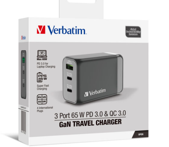 VERBATIM 66963 3 端口 65W PD 3.0 和 QC 3.0 GaN旅行充電器