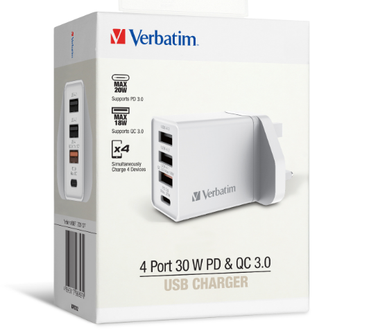 VERBATIM 66897 4 端口 30W PD & QC 3.0 USB 充電器