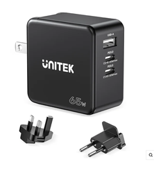 UNITEK P1117B 65W 3-PORT GAN MULTI PD FAST CHARGING WALL CHARGER BLOCK TRAVEL POWER ADAPTER