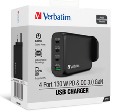 VERBATIM 66634 4 端口 130W PD 3.0 & QC 3.0 GaN USB 充電器