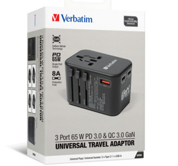 VERBATIM 66851 3 端口 65W PD 3.0 & QC 3.0 GaN 通用旅行轉插